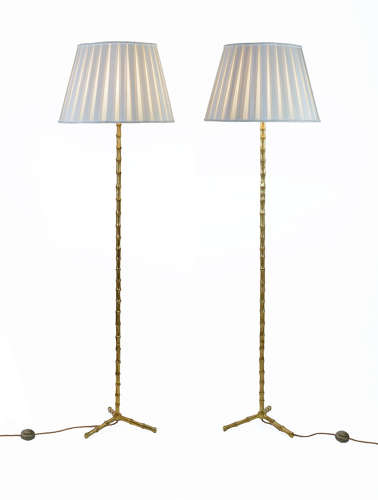 Pair of brass bamboo floor lamps