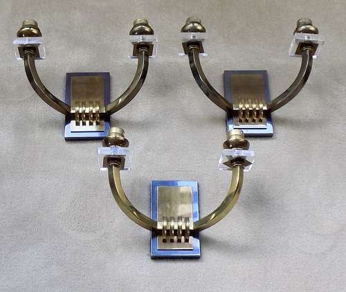 Set Of 3 Brass And Gunmetal Wall Lights
