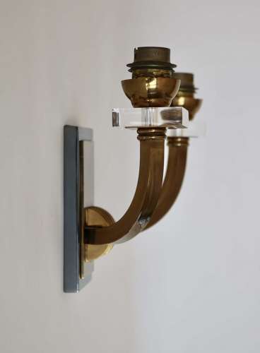 Set Of 3 Brass And Gunmetal Wall Lights