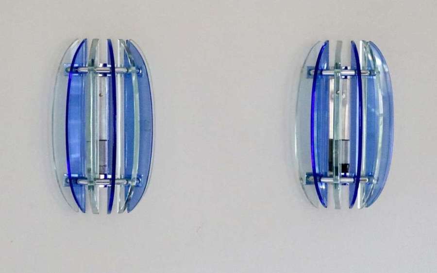 Pair Of Blue / Clear Glass Wall Lights (Veca).