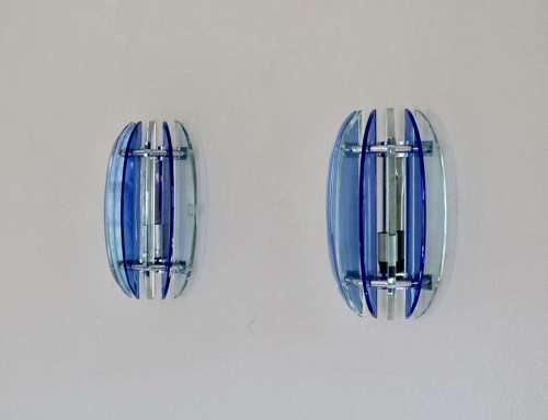 Pair Of Blue / Clear Glass Wall Lights (Veca).
