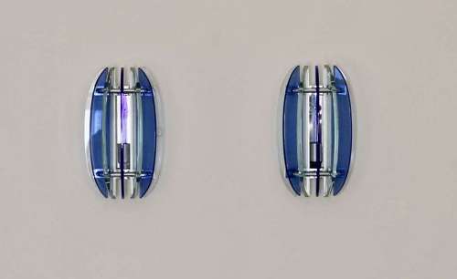 Pair Of Blue / Clear Glass Wall Lights (Veca).